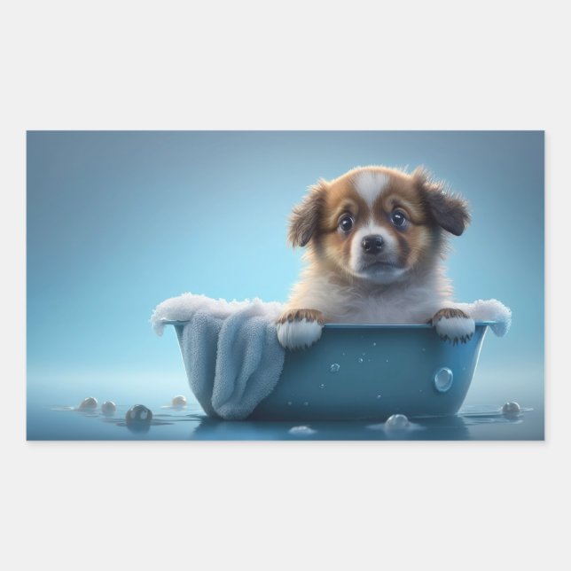 Cute Puppy in Blue Bath Tub Rectangular Sticker (Front)
