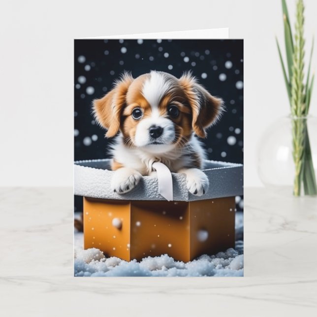 Cute Puppy in Gift Box Holiday Christmas Card (Front)