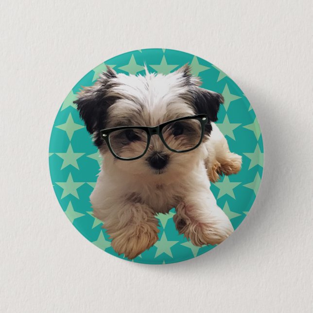 Cute Puppy in Hipster Glasses Pinback Button (Front)