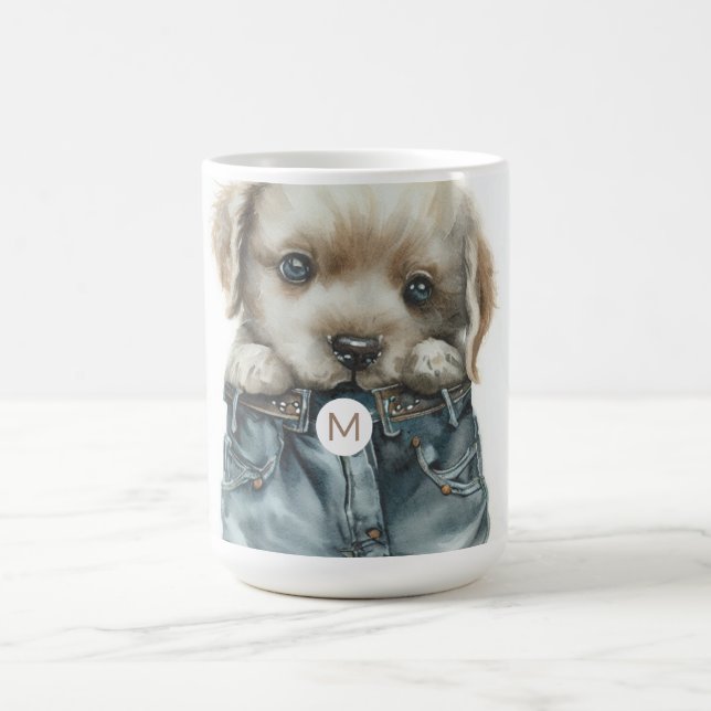 Cute Puppy in Jeans Art Monogram Coffee Mug (Center)