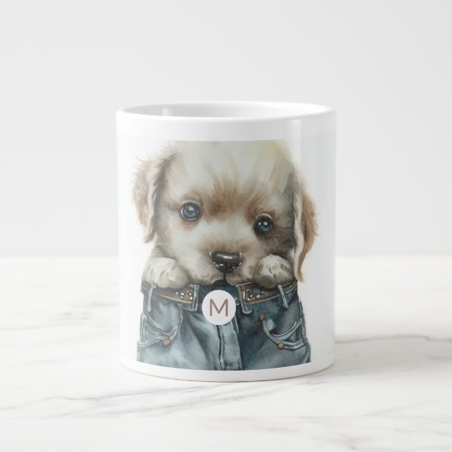 Cute Puppy in Jeans Art Monogram Giant Coffee Mug (Front)