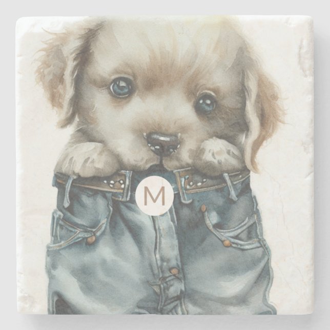 Cute Puppy in Jeans Art Monogram Stone Coaster (Front)