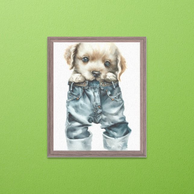 Cute Puppy in Jeans Art Premium Wrapped Canvas (Creator Uploaded)