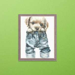 Cute Puppy in Jeans Art Premium Wrapped Canvas Print