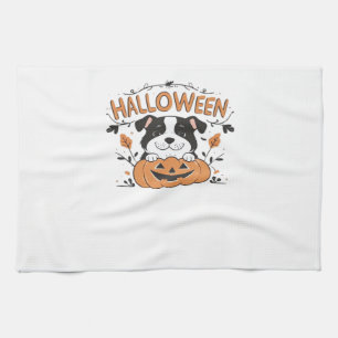 Cute Puppy in Pumpkin � Halloween Dog Illustration Kitchen Towel