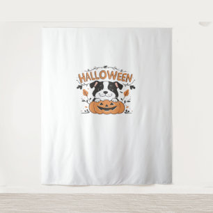 Cute Puppy in Pumpkin – Halloween Dog Illustration Tapestry