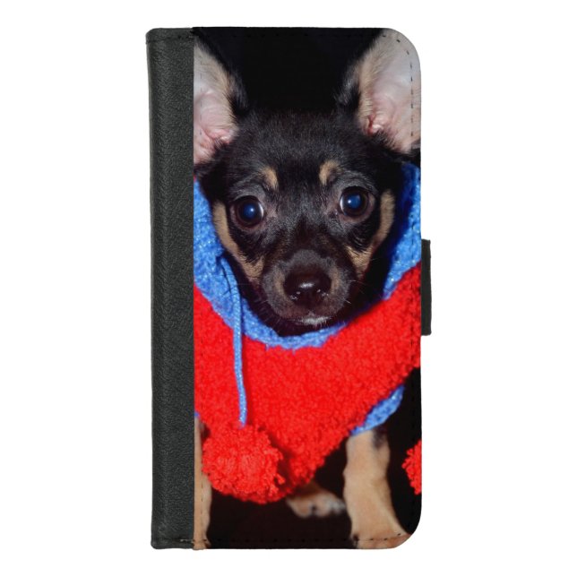 Cute Puppy in Red Wool Sweater iPhone Wallet Case (Front)
