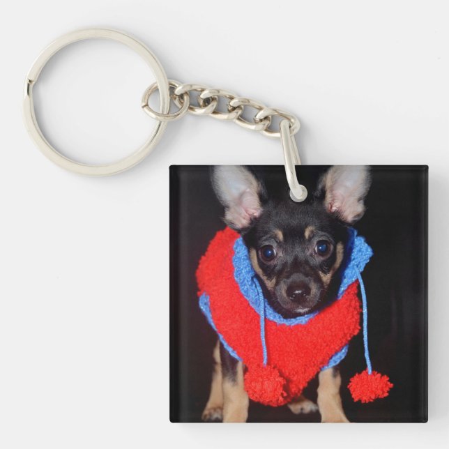 Cute Puppy in Red Wool Sweater Keychain (Front)