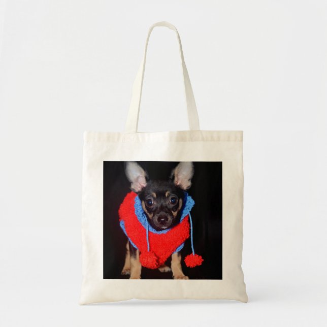 Cute Puppy in Red Wool Sweater Tote Bag (Front)