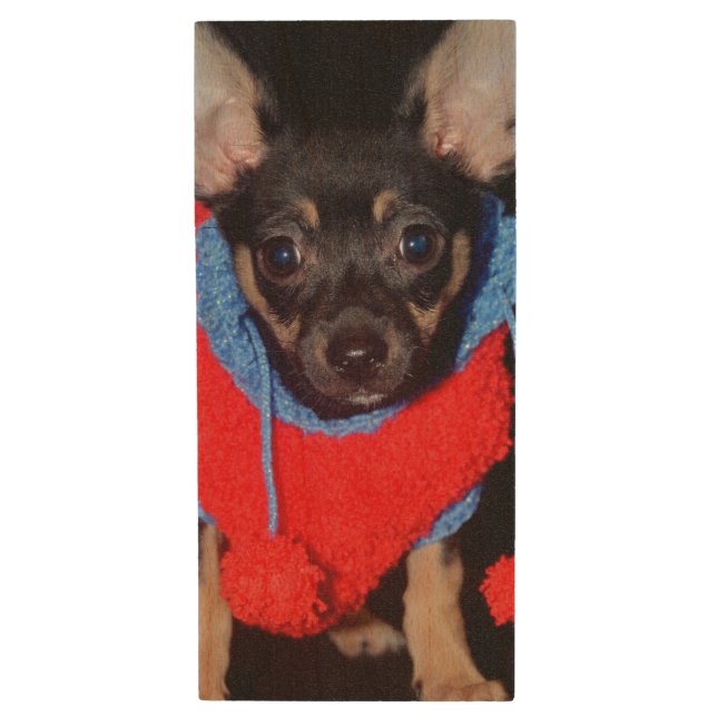 Cute Puppy in Red Wool Sweater Wood Flash Drive (Front Vertical)