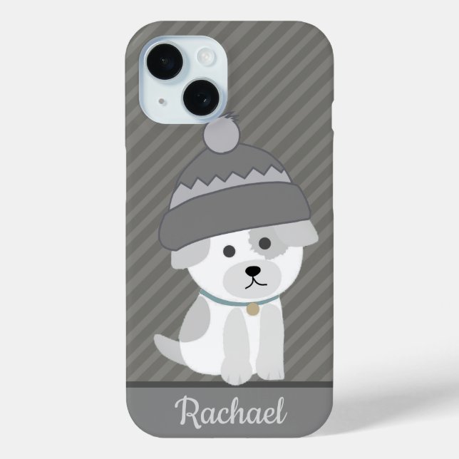 Cute Puppy in Wool Hat Personalised Grey Striped Case-Mate iPhone Case (Back)
