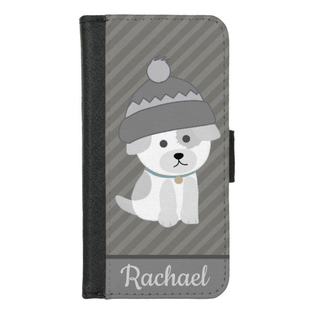 Cute Puppy in Wool Hat Personalised Grey Striped iPhone Wallet Case (Front)