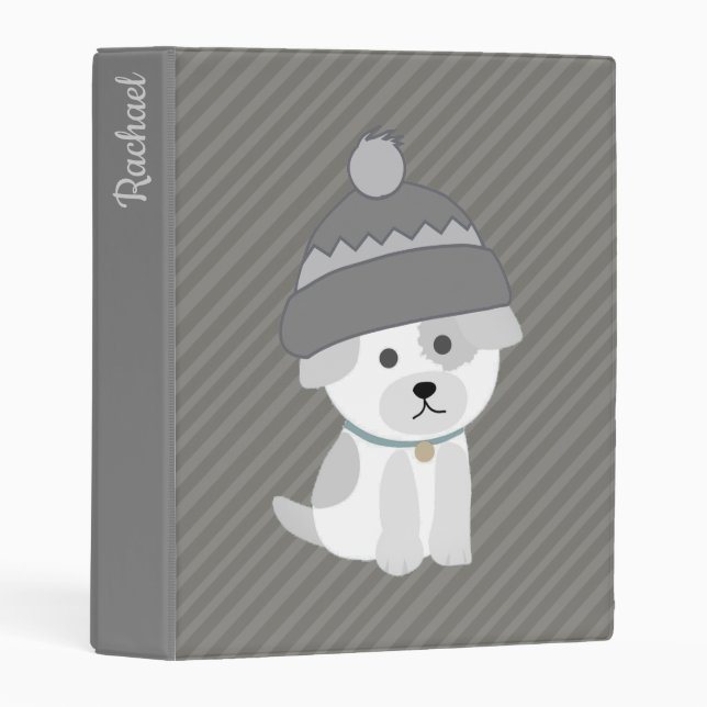 Cute Puppy in Wool Hat Personalised Grey Striped Mini Binder (Front/Spine)
