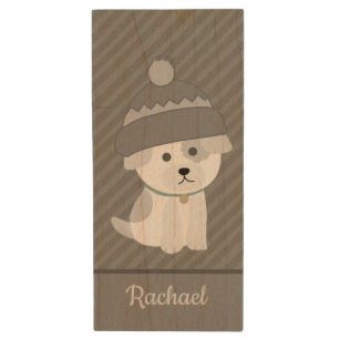 Cute Puppy in Wool Hat Personalised Grey Striped Wood Flash Drive