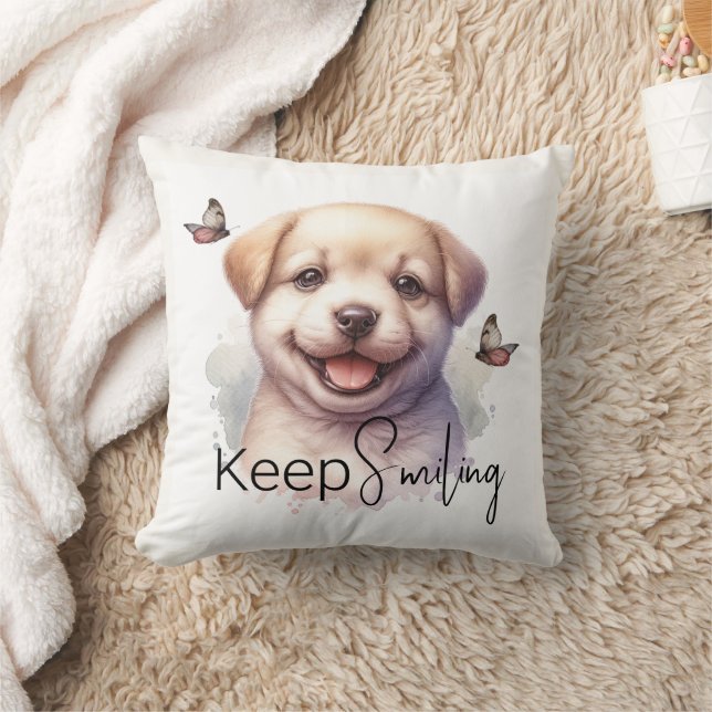 Cute Puppy Keep Smiling Custom Throw Pillow (Blanket)
