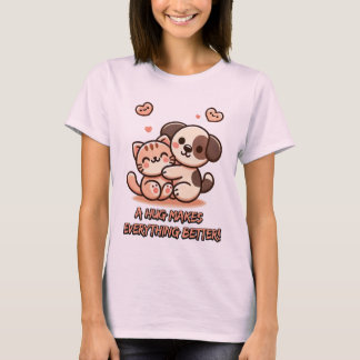 Cute Puppy & Kitten Hug - Adorable Kawaii Design T-Shirt
