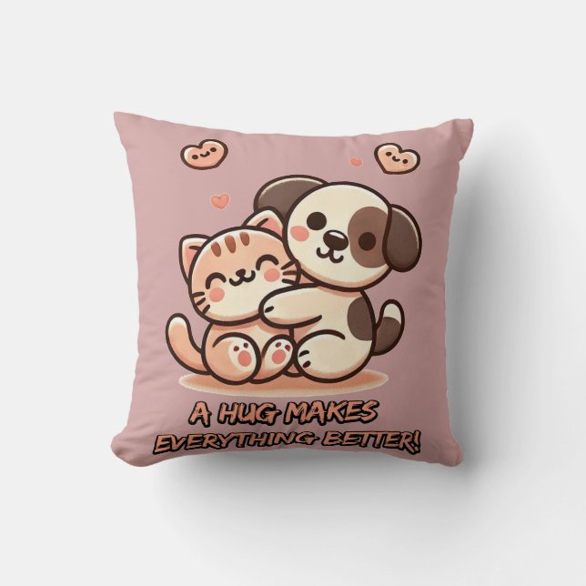 Cute Puppy & Kitten Hug - Adorable Kawaii Design Throw Pillow (Front)