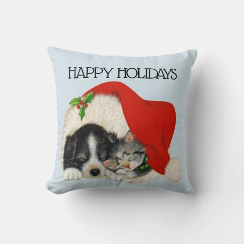 Cute Puppy Kitten Santa Hat Happy Holidays Blue Throw Pillow