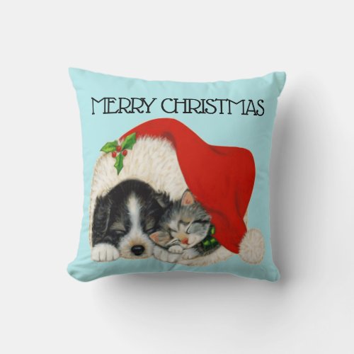 Cute Puppy Kitten Santa Hat Merry Christmas Blue Throw Pillow