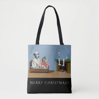 Cute Puppy &amp; Kitten Wait For Santa Christmas Tote