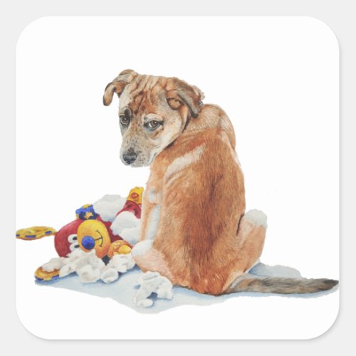 Cute puppy mixed breed with stuffie brown dog square sticker