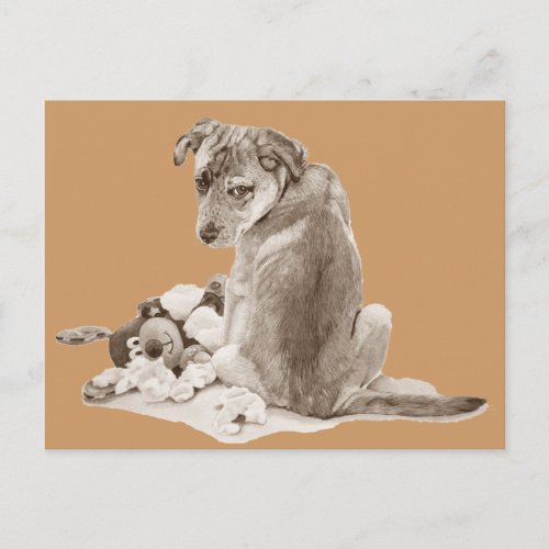 Cute puppy mixed breed with teddy dog realist art postcard