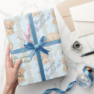 Cute puppy pastel blue beige happy birthday wrapping paper