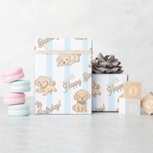 Cute puppy pastel blue beige happy birthday wrapping paper