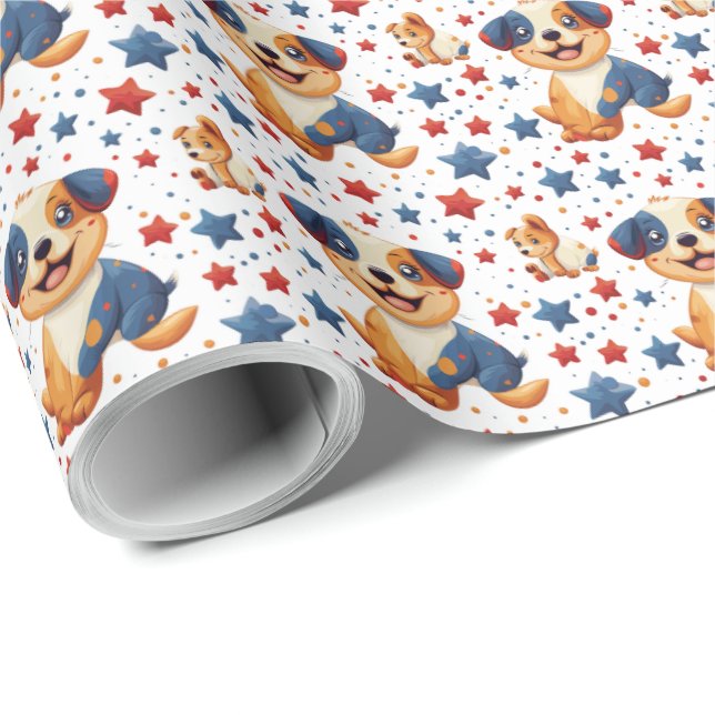 Cute Puppy Patriotic Fourth of July Gift Wrap (Roll Corner)