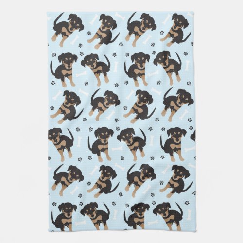 Cute Puppy Paw Print Dog Bone Pattern Blue Kitchen Towel