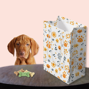 Cute Puppy Paws & Flowers Orange and Yellow Medium Gift Bag