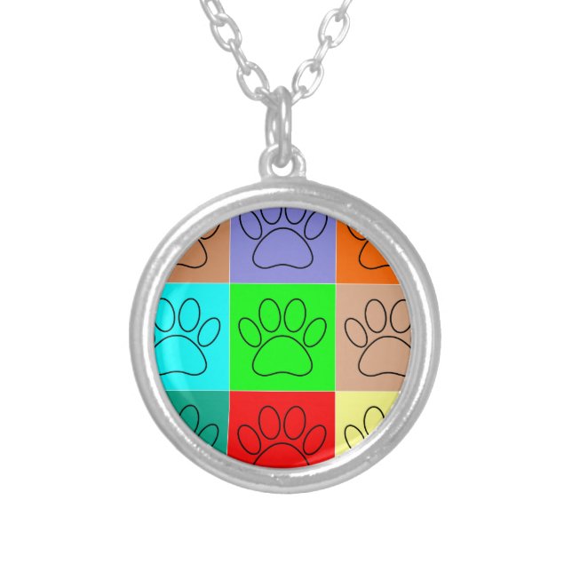 Cute Puppy Paws In Squares Silver Plated Necklace (Front)