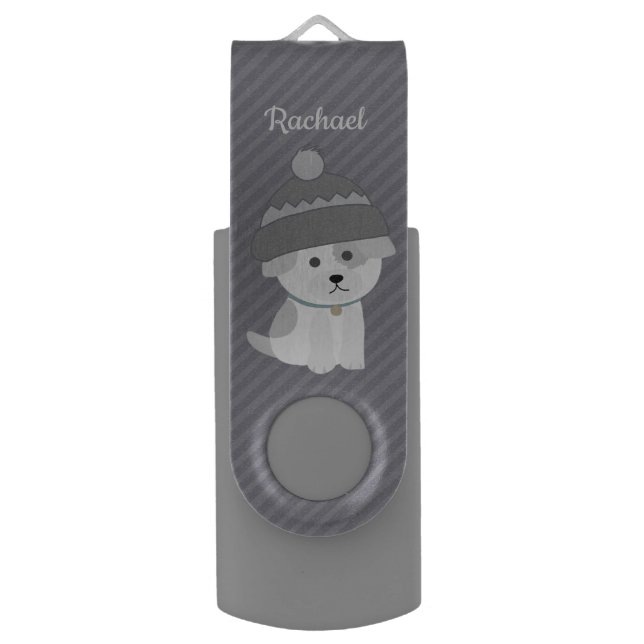 Cute Puppy Personalised Grey Striped Flash Drive (Front Vertical)