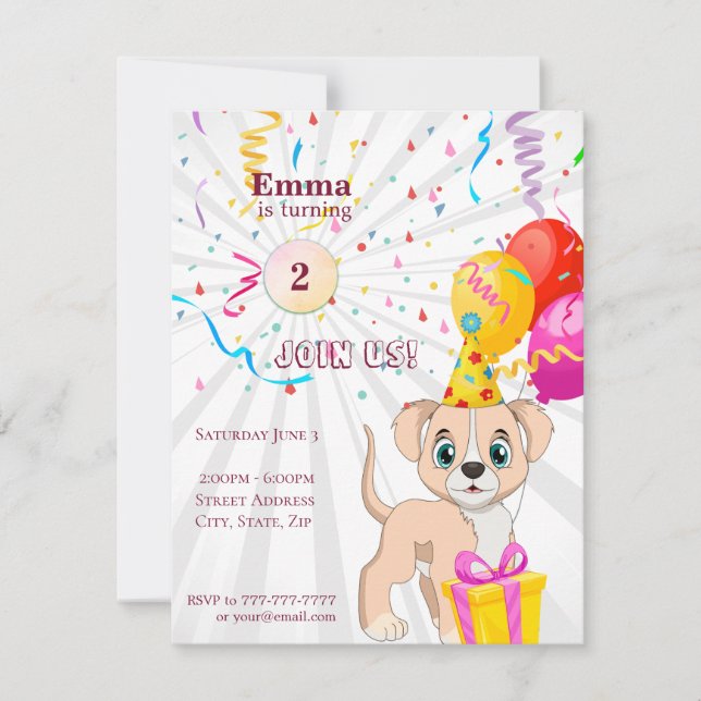 Cute Puppy Personalized Birthday Girl Invitation (Front)