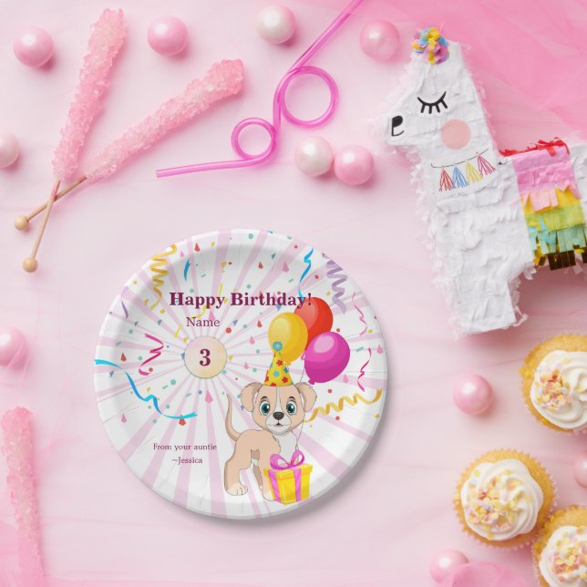 Cute Puppy Personalized Birthday Girl Paper Plates (Party)