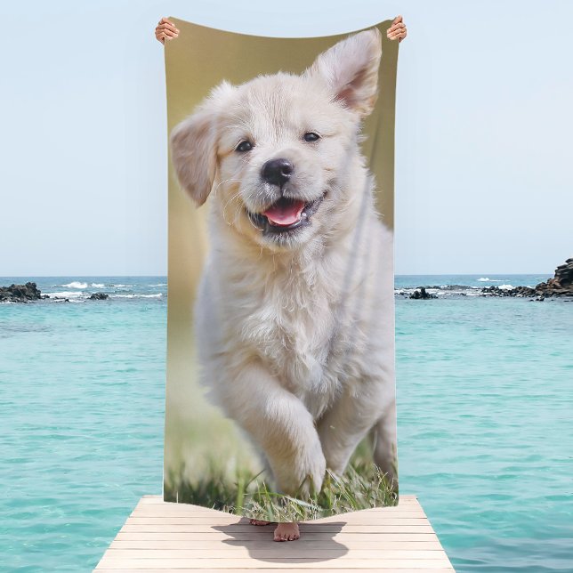 Cute Puppy Personalized Photo Dog Beach Towel (Creator Uploaded)