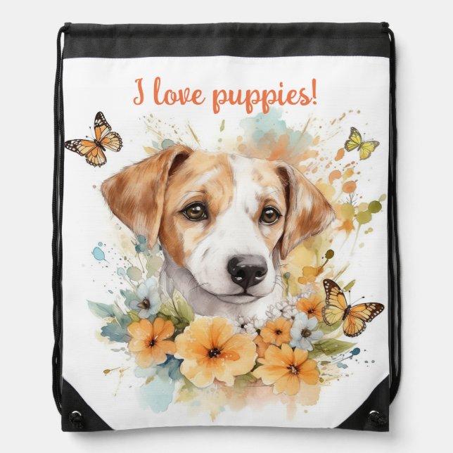 Cute Puppy Personalized Watercolor Drawstring Bag (Front)
