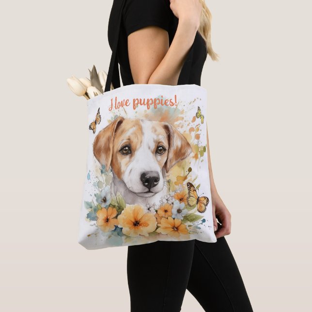Cute Puppy Personalized Watercolor Tote Bag (Close Up)