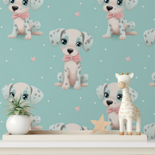 Cute Puppy Pink Bow Nursery Peel and Stick Wallpaper