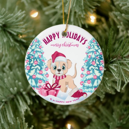 Cute Puppy Pink Christmas Holidays Baby Stats Ceramic Ornament