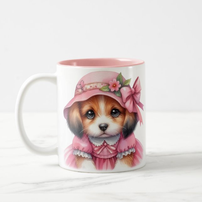 Cute Puppy Pink Hat And Pink Dress Mug (Left)