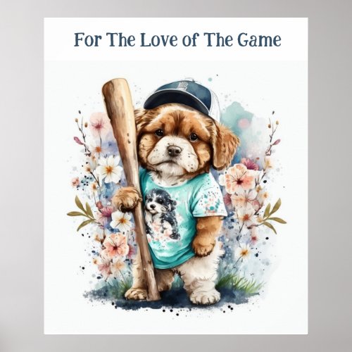 Cute Puppy Playing Baseball Floral Animal Print