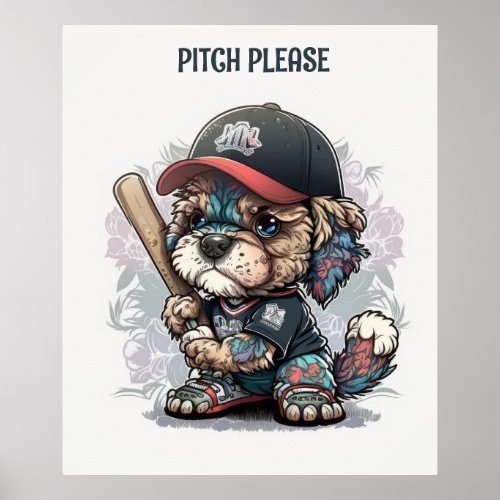 Cute Puppy Playing Baseball Poster