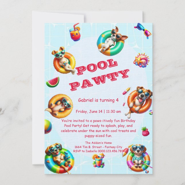Cute Puppy Pool Party Birthday Invitation – Summer (Front)