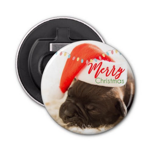 Cute Puppy Pug in a Red Santa Hat Christmas Bottle Opener