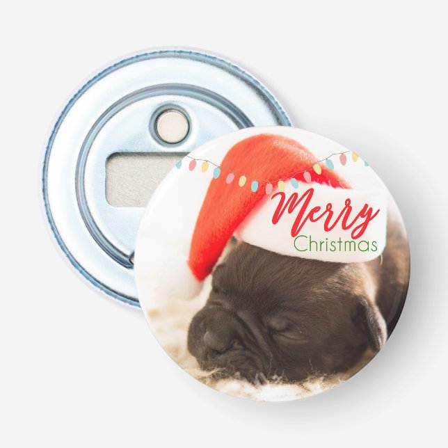 Cute Puppy Pug in a Red Santa Hat Christmas Bottle Opener (Front)
