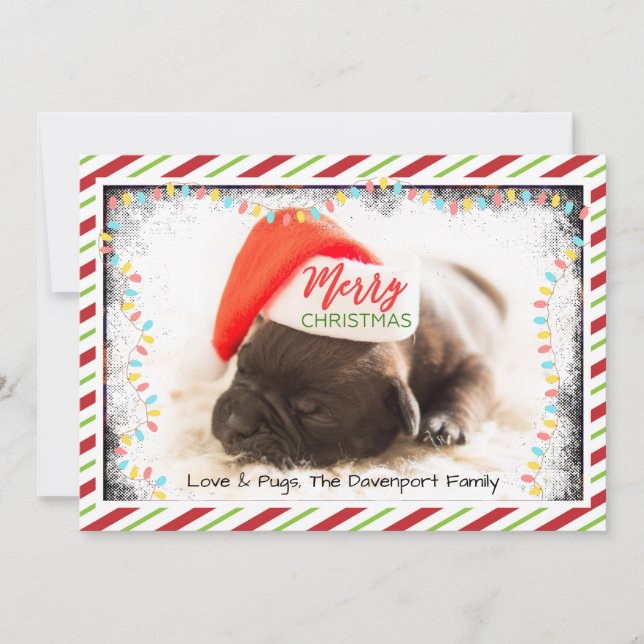 Cute Puppy Pug in a Red Santa Hat Christmas Holiday Card (Front)