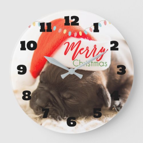 Cute Puppy Pug in a Red Santa Hat Christmas Large Clock