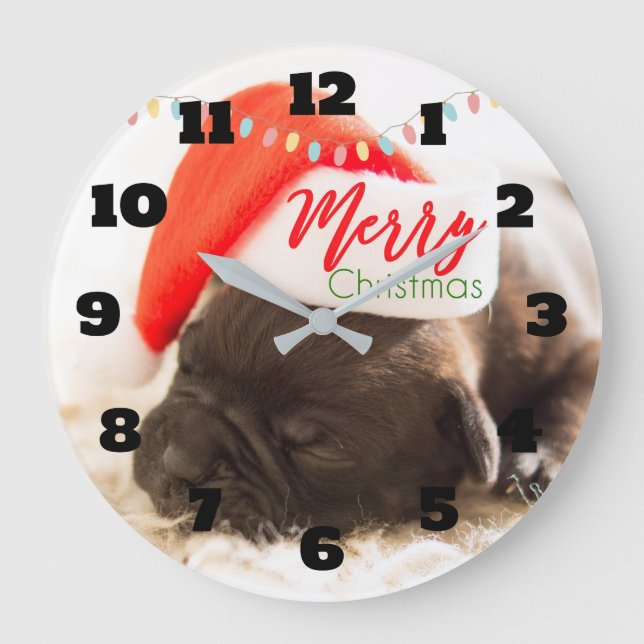 Cute Puppy Pug in a Red Santa Hat Christmas Large Clock (Front)