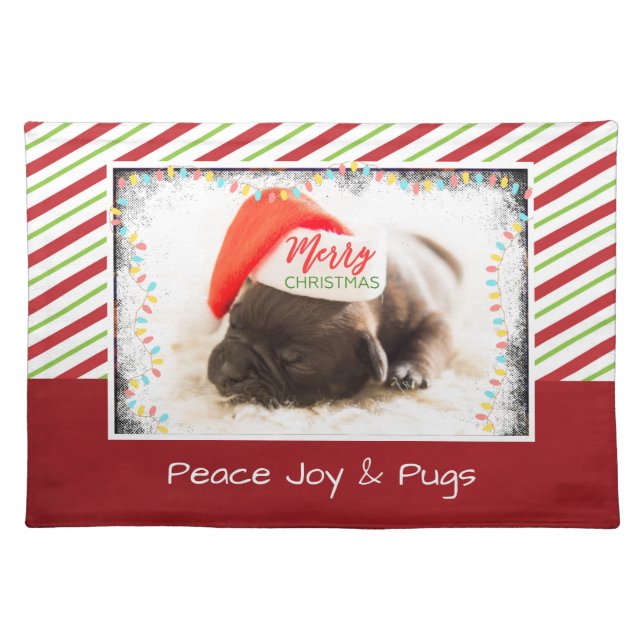 Cute Puppy Pug in a Red Santa Hat Christmas Placemat (Front)